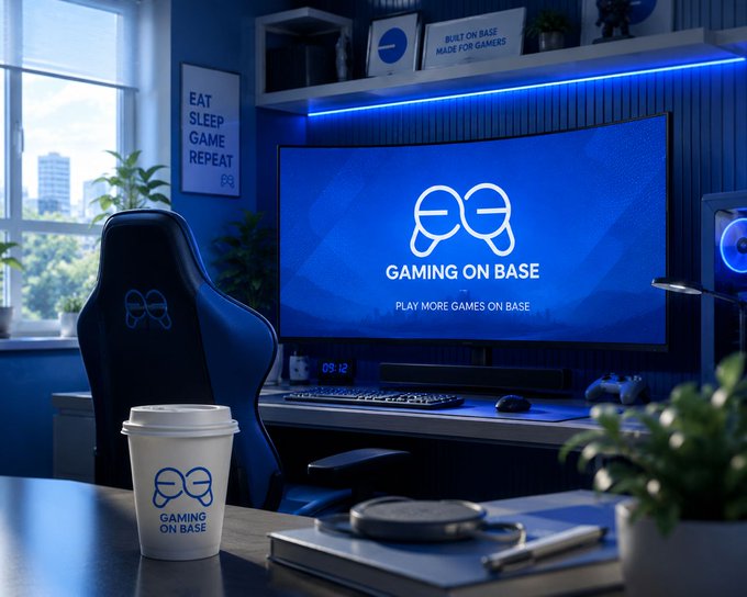 The image shows a gaming setup with a large monitor displaying "GAMING ON BASE", indicating that someone has been playing video games at this location. A cup of coffee is placed next to the computer, suggesting that the person might be taking a break or enjoying some refreshments while gaming. The room also features various potted plants and books, adding a touch of greenery and knowledge to the space.
