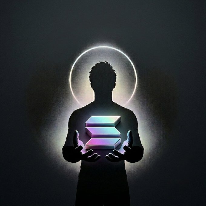 The image features a man holding up three blocks, which are illuminated with a glow from above. The glow appears to be coming from a large circle or sunburst shape that is positioned above the man's head. This design element creates an interesting visual effect as it highlights the man and his three blocks against a dark background. The post seems to be promoting a summer-themed meme, possibly referencing the Solana cryptocurrency, which gained popularity in 2016.