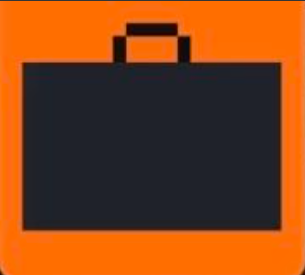 A minimalist icon showing a dark gray briefcase on a bright orange rounded square background.