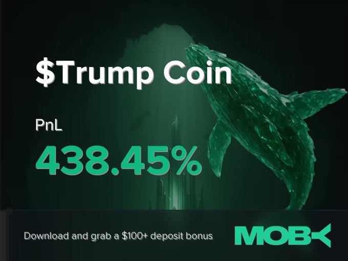 The image is a promotional graphic from Moby highlighting a win alert, featuring "$Trump Coin" with a prominent PnL of "438.45%" displayed in bright green alongside a stylized whale graphic, and a banner at the bottom reading "Download and grab a $100+ deposit bonus" next to the Moby logo. It visually reinforces the post's celebration of a trader closing a highly profitable position on the trending Trump Coin token.