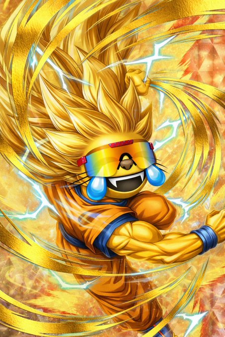 A digital illustration of a Super Saiyan character resembling Goku with spiky golden hair, wearing orange gi and reflective sunglasses, surrounded by golden energy swirls.