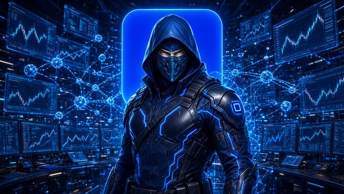 A futuristic hooded character in dark armor with glowing blue accents stands before a wall of screens displaying financial charts and a network of glowing nodes.