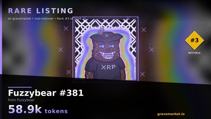 An image showcasing a rare NFT listing on gravemarket.io, featuring Fuzzybear #381 from the Fuzzybear collection. The listing is ranked #3 of 3210 (Mythic) and is priced at 58.9k tokens on the xrpl-mainnet, displaying a pixel-art bear character with glowing blue eyes and a wide smile wearing a shirt with "XRP" printed on it.