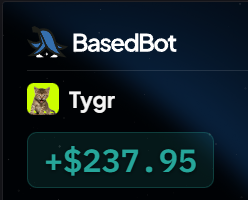 The image displays a trading interface showing the "BasedBot" platform with a "Tygr" position displaying a profit of "+$237.95" in green text. This corresponds to the post about having invested in the "$tygr cat" and seeing a profit that the user plans to close out quickly and give to their wife before the market reverses.