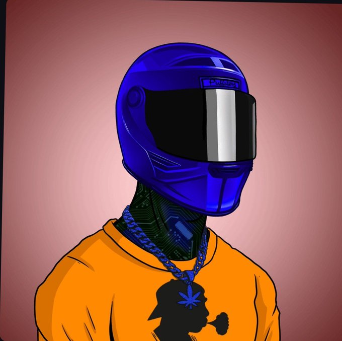 A digital illustration featuring a figure with a robotic green neck wearing a blue motorcycle helmet and an orange shirt, set against a pink gradient background.