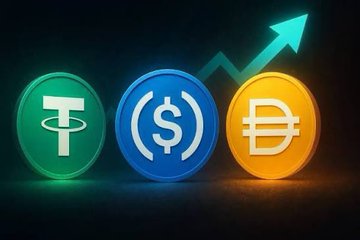 A digital image showing three cryptocurrency coin icons (Tether/USDT in green, USDC in blue, and DAI in orange/yellow) with a green upward-trending arrow in the background.