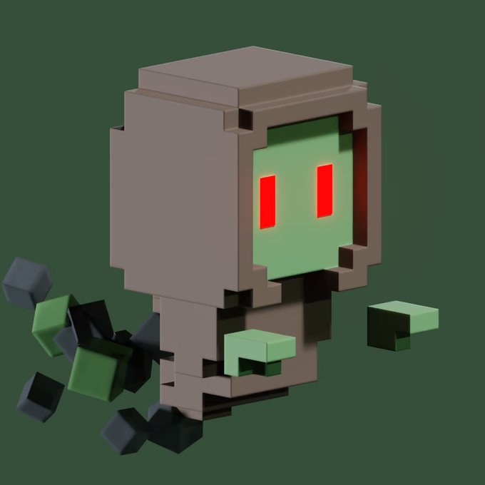 A 3D voxel-style character with a brown hooded body, green face, and glowing red rectangular eyes floats against a dark green background with floating blocky fragments.
