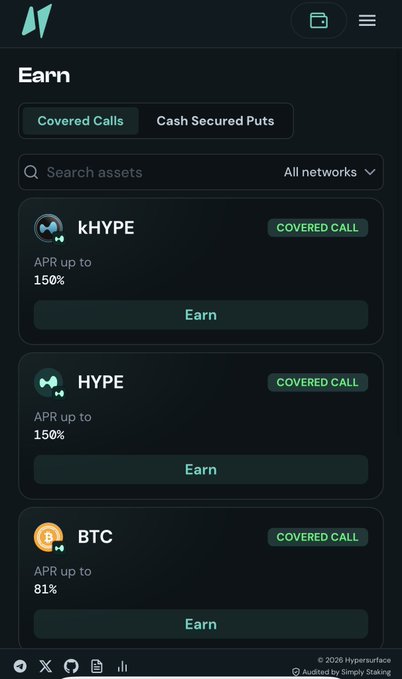 A screenshot of Hypersurface’s “Earn” marketplace shows covered-call options for kHYPE and HYPE with APR up to 150%, plus BTC at 81%, alongside tabs for “Covered Calls” and “Cash Secured Puts.” It illustrates the high-yield DeFi options products being compared with the covered calls and cash-secured puts the author sells on Rysk Finance.