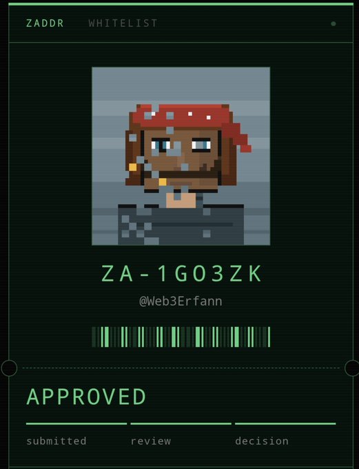 A ZADDR whitelist approval card displaying 'ZA-1G03ZK' with username '@Web3Erfann' and a pixel art avatar wearing a red bandana, marked as 'APPROVED' with submitted, review, and decision stages.