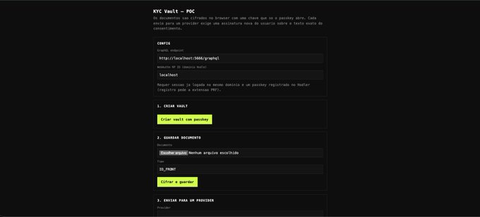 A dark-themed instructional page in Portuguese titled 'BTC Vault - POC' with sections for 'CONFIG', 'CRIAÇÃO DE VAULT', and 'GUARDAR DOCUMENTOS', showing yellow buttons to create a vault and save a document.