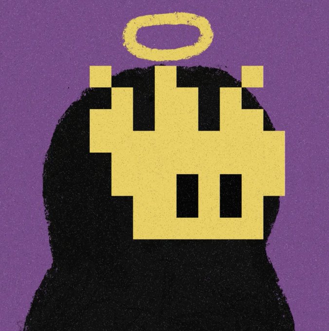 A pixelated yellow crown symbol inside a black silhouette of a figure with a halo, set against a purple background.