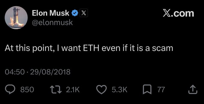 The image features a black background with white text that reads "At this point, I wantETH even if it's a scam". The text is written in a smaller font size than the rest of the post, making it stand out against the dark background. The post also includes an image of a rocket ship and a hashtag #eth.