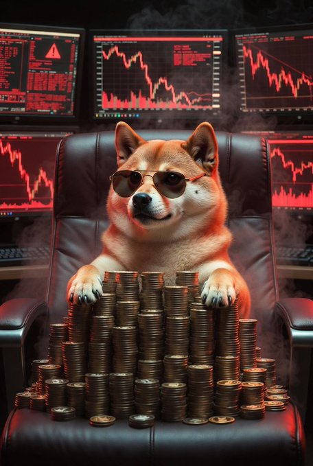 A Shiba Inu dog wearing sunglasses sits in a leather office chair behind stacks of gold coins, with multiple computer monitors displaying red stock market crash charts in the background.