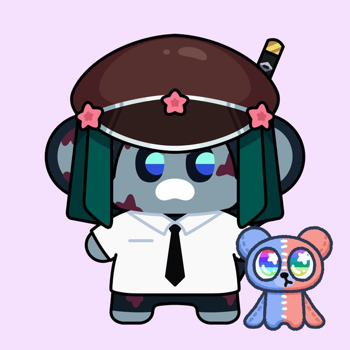 An illustration of a gray koala-like character wearing a beret with pink stars, a white shirt, and a black tie, holding a small teddy bear with rainbow eyes.