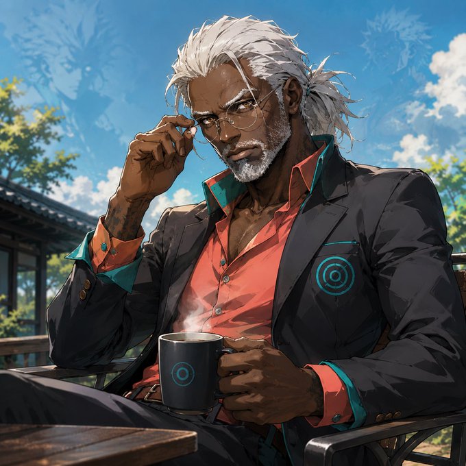 A stylized digital illustration of an older man with white hair and beard, wearing glasses, a red shirt, and a dark blazer, sitting outdoors holding a steaming mug marked with a circular logo.