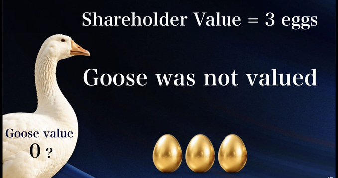 A white goose is shown alongside three golden eggs with text reading "Shareholder Value = 3 eggs" and "Goose was not valued," with a "Goose value 0?" label highlighting the undervaluation thesis for $CLAW (the goose) and $SQUIRE/$PENGXBT (the eggs).
