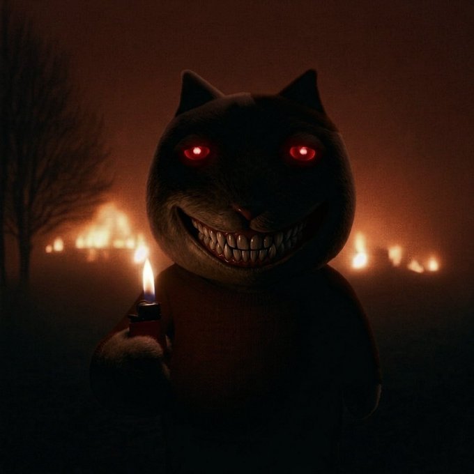 A dark, creepy image of a cartoonish black cat character with glowing red eyes and a wide toothy grin, holding a lighter with flames visible in the background.