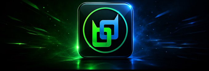 Digital artwork of a glowing app icon featuring interlocking green and blue shapes on a dark background with green and blue light rays.