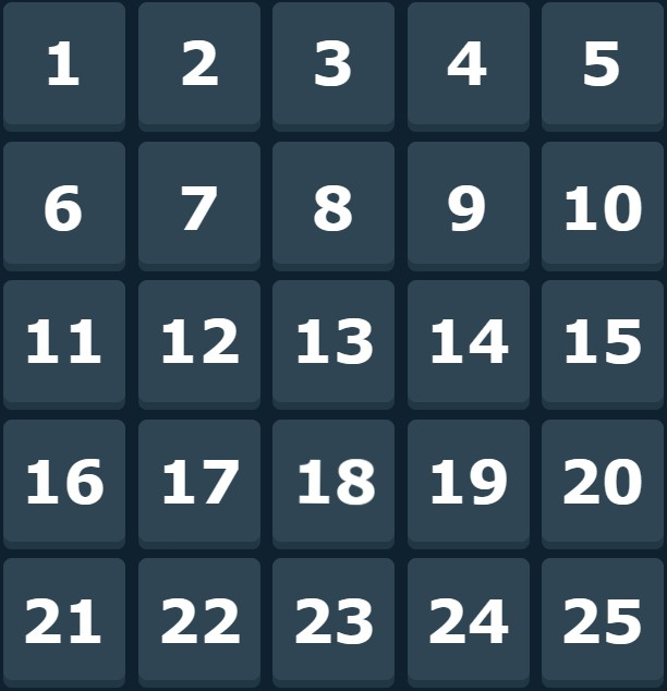 A 5x5 grid of dark blue squares numbered 1 through 25 in sequence, serving as a bomb-hiding game board for participants to guess where the hidden bomb is located among the numbered options.