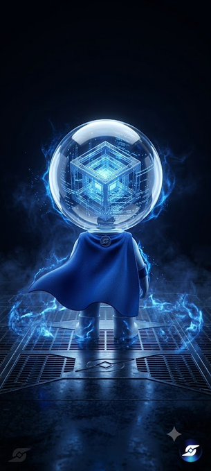 Mysterious figure in a blue cape facing a glowing blue holographic cube inside a sphere on a dark platform.
