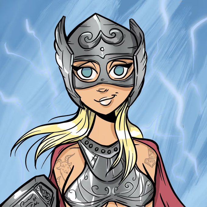 A digital illustration of a female character resembling Jane Foster as Thor, wearing a winged silver helmet and armor, holding Mjolnir, with blonde hair and tattoos, set against a background of lightning.