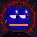 The image shows an angry, wide-eyed blue cube character with gritted teeth and a sweat drop, surrounded by red and dark shadowy effects, appearing intensely determined or stressed. The accompanying post about sending 1 DROUPZ to collectors and donating 50% of mint proceeds to children is not directly depicted in the image, but the character's fierce, pressured expression could symbolize the emotional weight or dedication behind the project's mission to support children through crypto philanthropy.