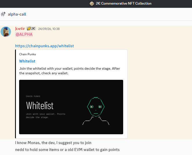 Discord message in the '#alpha-call' channel from 'joelir' dated 24/09/26 at 10:38, tagging @ALPHA and sharing a link to chainpunks.app/whitelist for 'Chain Punks Whitelist' where users join with their wallet and points decide the stage after the snapshot.