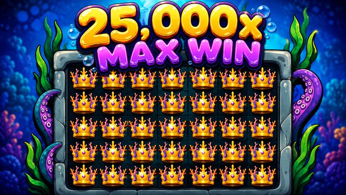 A vibrant underwater-themed slot machine graphic displays a "25,000X MAX WIN" headline above a 5x6 grid of golden crown symbols, promoting a $50 stake giveaway for a YouTube video that highlights a potential massive payout.
