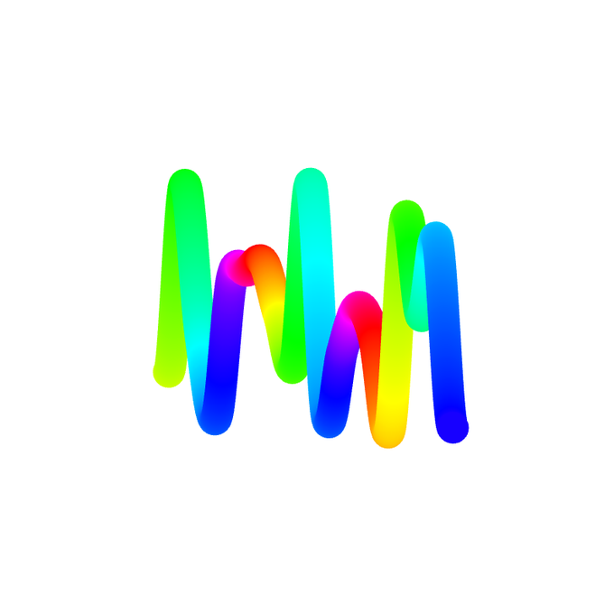 A colorful 3D wavy graphic in rainbow gradient colors forms a stylized letter 'M' or wave shape against a white background.