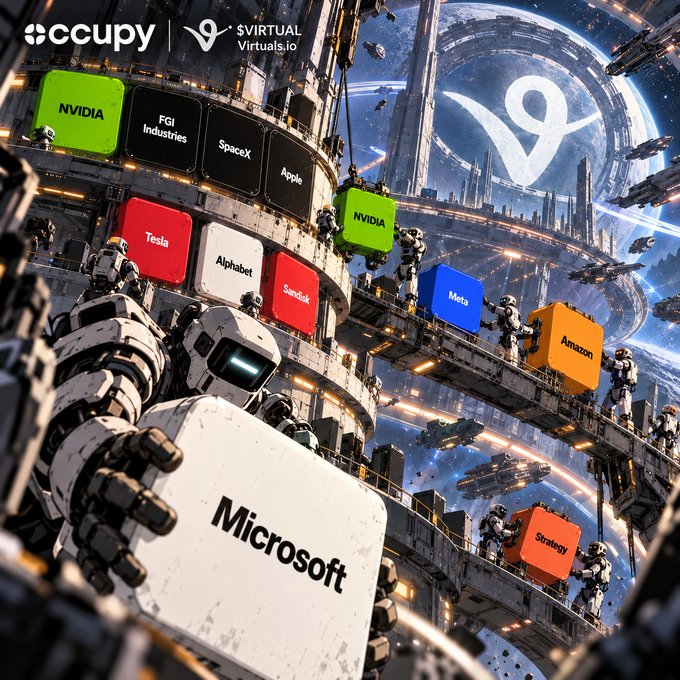 A sci-fi illustration featuring astronauts and robotic figures floating in a space station, with floating colored blocks bearing tech company names including NVIDIA, Microsoft, Tesla, SpaceX, Apple, Meta, Alphabet, Amazon, and FGI Industries, alongside logos for Occupy and Virtuals.io.