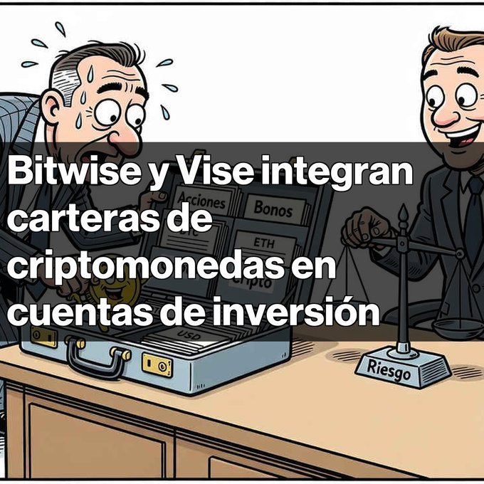 A cartoon illustration depicts a sweating man looking nervously at an open briefcase labeled 'Acciones', 'Bonos', 'ETH', and 'USD', while another man smiles on the other side of a scale labeled 'Riesgo'. Text overlay reads: 'Bitwise y Vise integran carteras de criptomonedas en cuentas de inversión'.