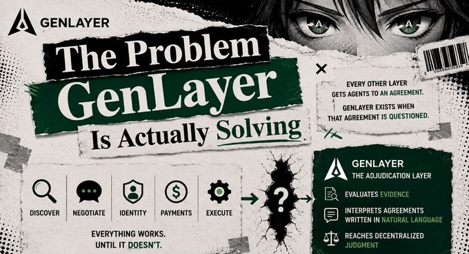 GenLayer infographic titled "The Problem GenLayer Is Actually Solving" showing a flow from Discover, Negotiate, Identity, Payments, Execute to GenLayer's adjudication layer that "EVALUATES EVIDENCE, INTERPRETS AGREEMENTS WRITTEN IN NATURAL LANGUAGE, REACHES DECENTRALIZED JUDGMENT."