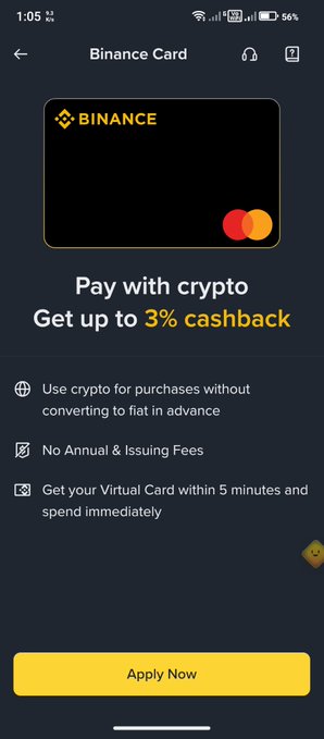 A Binance Card mobile app screen advertises "Pay with crypto, Get up to 3% cashback" with features including no annual fees and instant virtual card issuance, highlighting the card's availability for Pakistani users as announced by Binance.