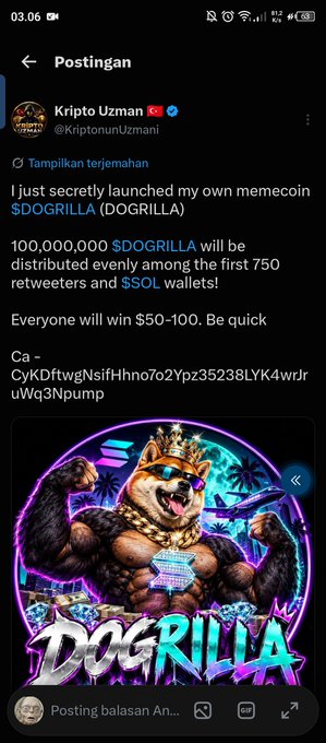 A Twitter/X post by 'Kripto Uzman (@KriptonunUzmani)' announcing a secret memecoin launch called '$DOGRILLA (DOGRILLA)', offering 100,000,000 tokens to the first 750 retweeters, accompanied by a vibrant image of a muscular dog wearing sunglasses and a crown.