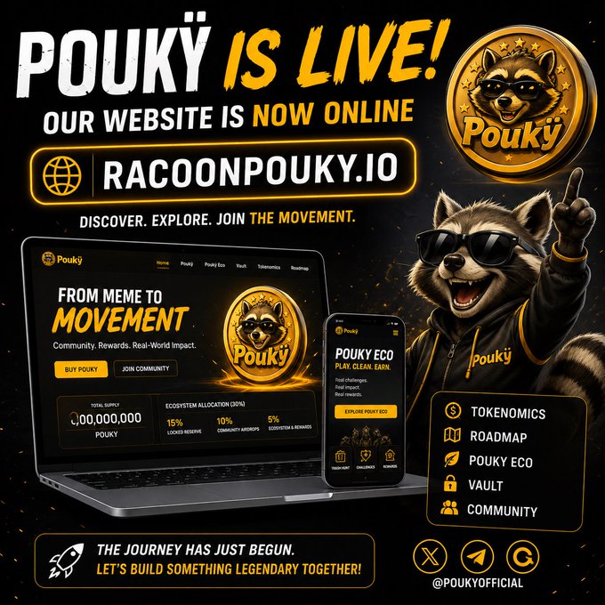 An advertisement for the Pouky crypto project at racoonpouky.io featuring a cartoon raccoon mascot wearing sunglasses, with sections on tokenomics, roadmap, and community.