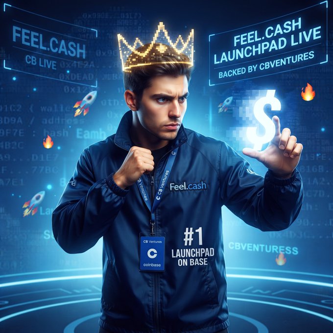 An AI-generated promotional image of a man in a "Feel.cash" jacket wearing a pixelated crown, advertising "FEEL.CASH LAUNCHPAD LIVE BACKED BY CBVENTURES" and "#1 LAUNCHPAD ON BASE."