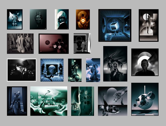 This image displays a collage of various surrealist digital artworks featuring abstract figures, geometric shapes, and dreamlike landscapes in monochrome and muted color palettes. The collection serves as a visual portfolio of the artist's "pure vector graphics" philosophy mentioned in the post, showcasing pieces created without post-processing or generative AI.