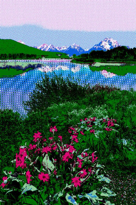 A stylized, halftone-dotted landscape illustration featuring a lake reflecting mountains, with pink wildflowers and green foliage in the foreground under a pink sky.