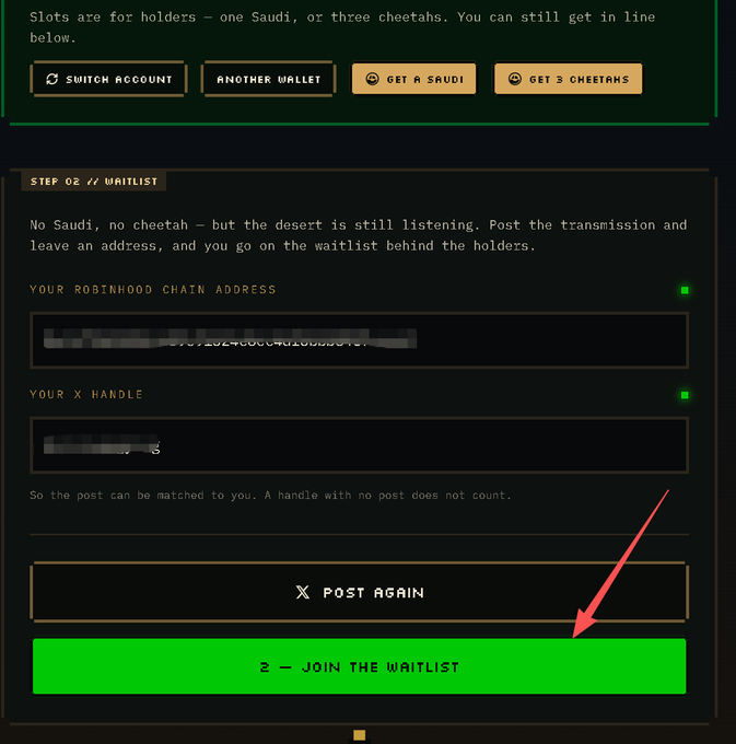 The image shows a Step 02 waitlist interface for the Saudi-themed Halal NFT project @TheSaudisNFT on the Robinhood Chain, featuring fields for a Robinhood Chain address and X handle (blurred for privacy), with a red arrow pointing to the green "2 – JOIN THE WAITLIST" button to guide users in joining the whitelist.