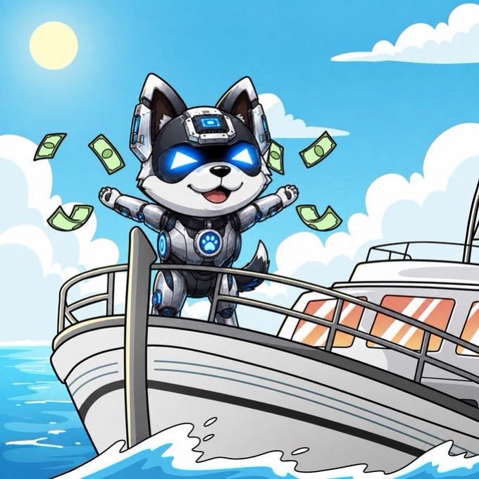A cartoon robotic dog with glowing blue eyes and headphones stands on a yacht surrounded by flying dollar bills under a sunny sky.