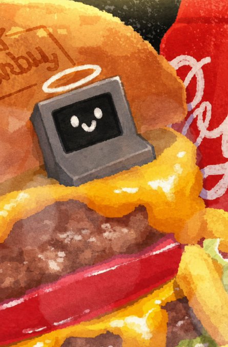 Digital painting of a cute cartoon computer monitor character with a smiling face and angel halo sitting inside a large cheeseburger, with what appears to be Subway packaging in the background.