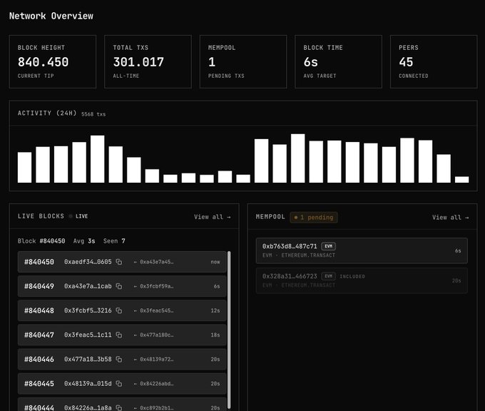 A network dashboard displays 'Network Overview' with statistics like 'BLOCK HEIGHT 840,450', 'TOTAL TXS 301,017', and a 24-hour activity bar chart.