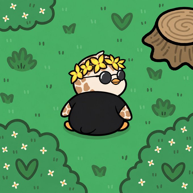 A cartoon illustration of a small giraffe character wearing black round sunglasses and a yellow flower crown, dressed in a black shirt and standing in a grassy field with a tree stump.