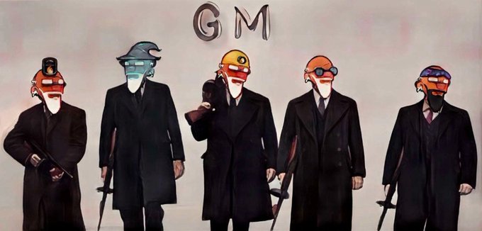 An illustration showing five fish characters dressed in dark suits, trench coats, and hats with red bandanas over their faces, with the letters "GM" displayed above them.