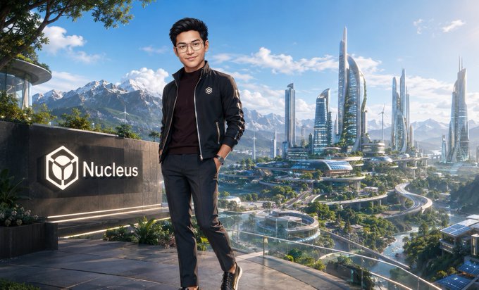 A young man in a black jacket standing by a 'Nucleus' sign on a terrace overlooking a futuristic cityscape with skyscrapers and mountains.