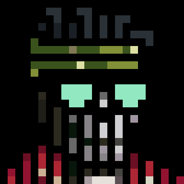 Pixel art character with gray hair and green glasses.