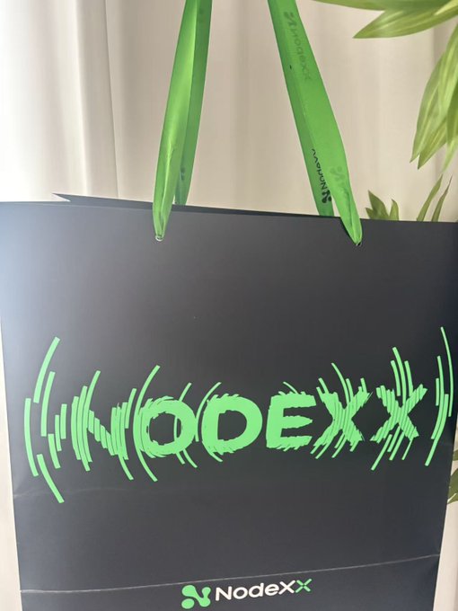 A dark green NodeXX shopping bag featuring the brand's logo in a vibrant sound wave-styled design is displayed against a curtain backdrop with plant leaves, matching the Mid-Autumn Festival gift box mentioned in the post from @NodeXX_cn.