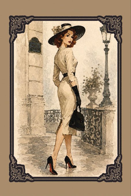 A vintage-style illustration of an elegant woman wearing a wide-brimmed hat, beige dress, long black gloves, and red-soled high heels, holding a black handbag while posing near a Parisian-style streetlamp.