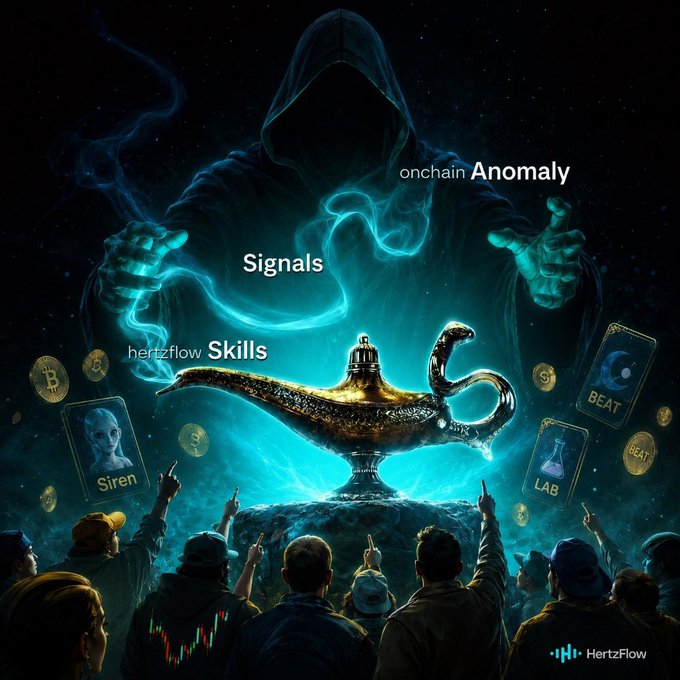 A dramatic dark fantasy illustration features a hooded figure conjuring smoke above a glowing magic lamp, surrounded by a crowd of people, with labels reading 'onchain Anomaly', 'Signals', 'hertzflow Skills', 'Siren', 'BEAT', 'LAB', and a 'HertzFlow' logo.