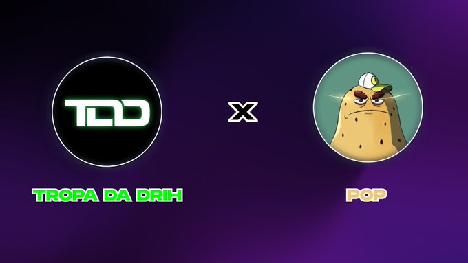 A collaboration graphic on a purple background featuring the 'TDD' (Tropa da Drih) logo on the left and a cartoon potato character wearing a cap labeled 'POP' on the right, separated by an 'x' symbol.